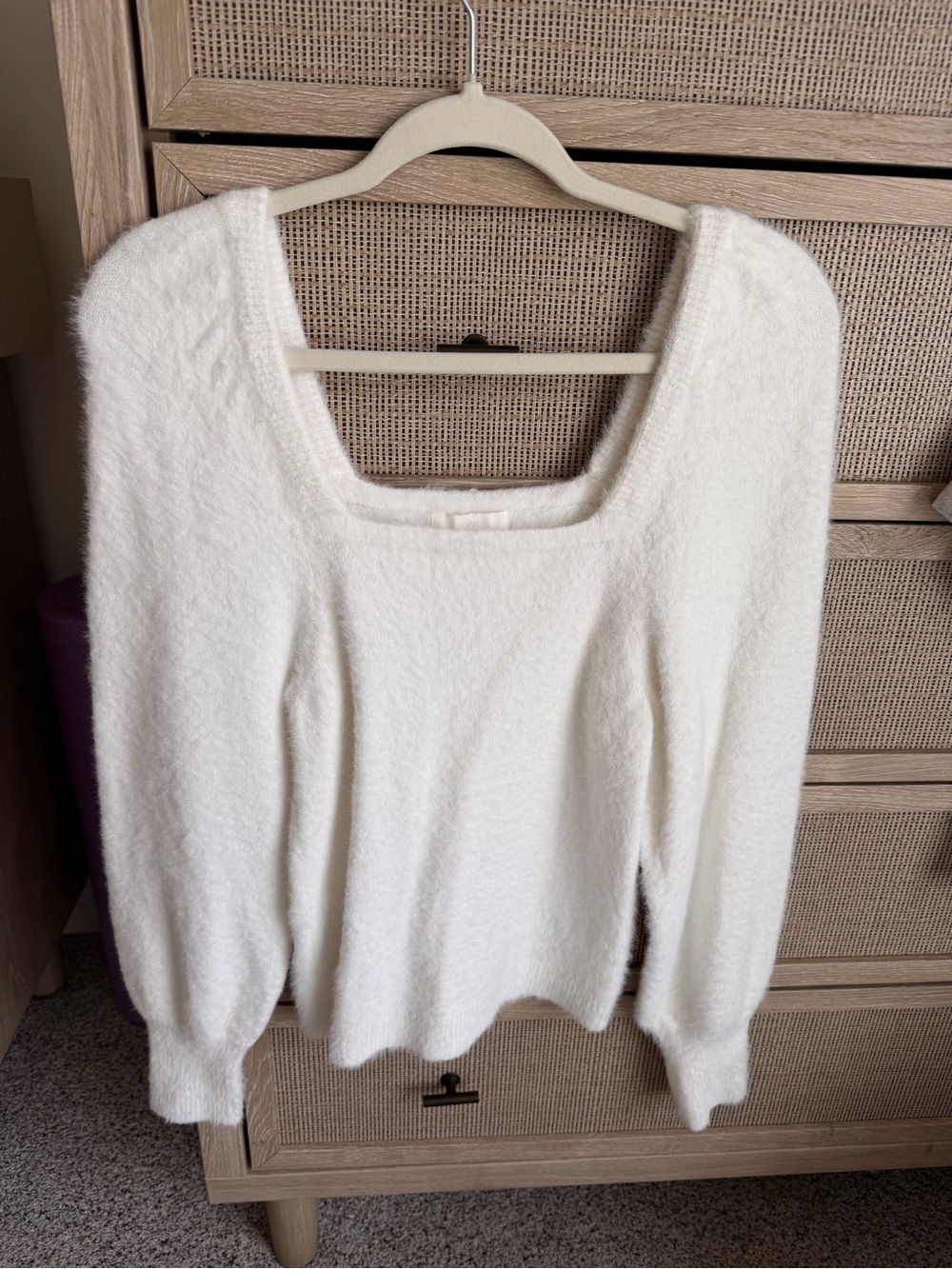 H&M Soft White Square-Neck Puff Sleeve Sweater